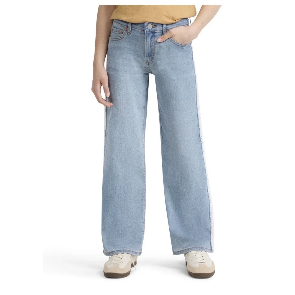 Levi's Wide Leg Jeans Baggy Lace Side Trim Girls 12 Light Wash Comfort Stretch